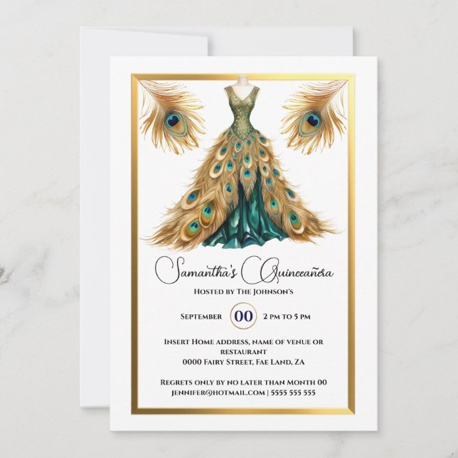 Invitación Tema del pavo real Bola de Quinceañera oro verde (Anverso)