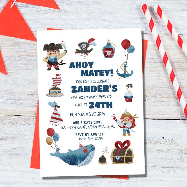Invitación Tema del Pirata Ahoy Matey Boys Fiesta del cumplea (Pirate Theme Ahoy Matey Boys Birthday Party Invitation)
