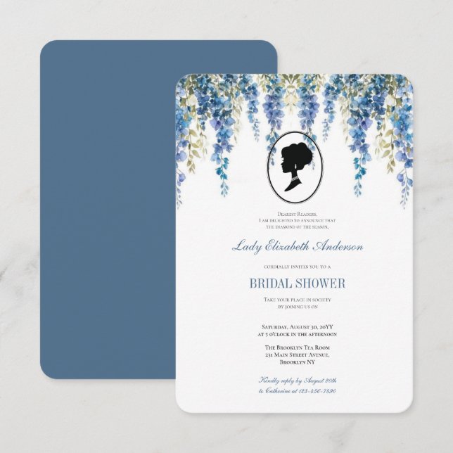 Invitación Tema del puente floral azul, regencia del té nupci (Anverso / Reverso)