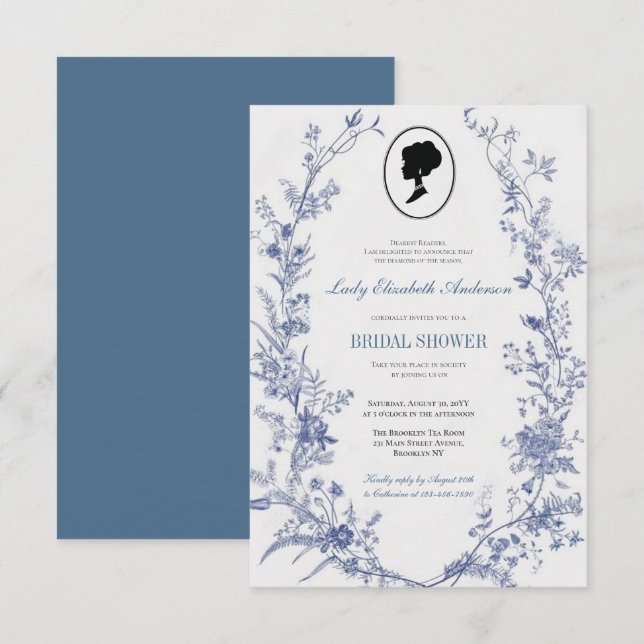 Invitación Tema del puente floral azul, regencia del té nupci (Anverso / Reverso)
