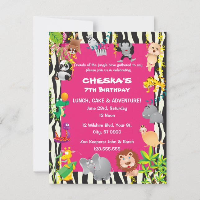 Invitación Tema del Safari Chica - fiesta de cumpleaños de ni (Anverso)