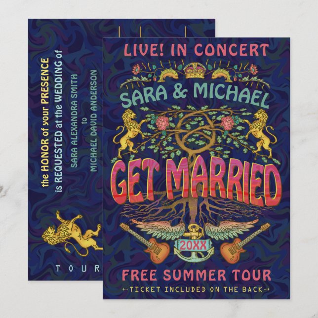 Invitación Tema del Ticket del Concierto de Banda boda Retro  (Anverso / Reverso)