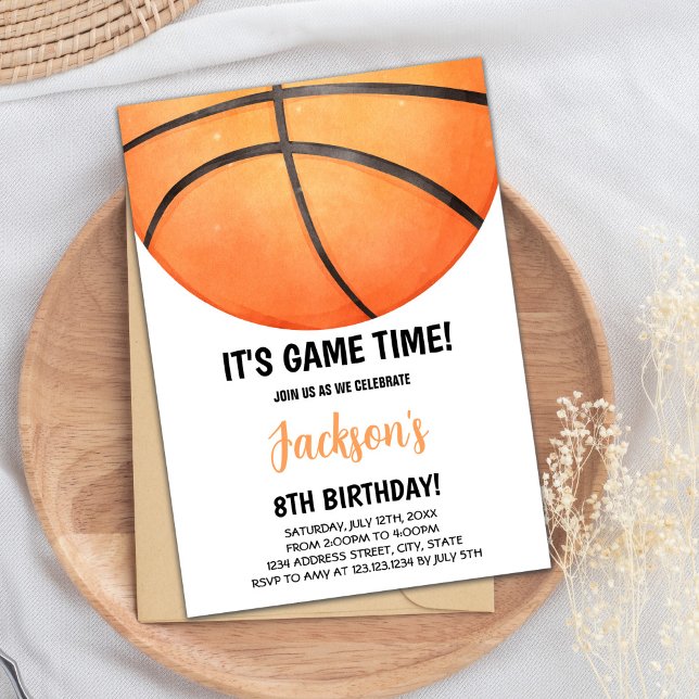 Invitación Tema del tribunal de Naranjas deportivos para niño (Half watercolor Basketball Invitations)