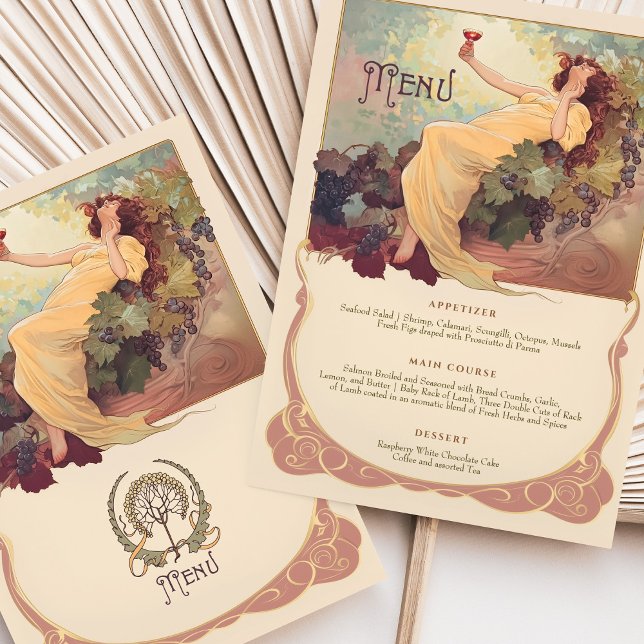Invitación Tema del vino Art Nouveau Boda Menú de cena Floral (Subido por el creador)