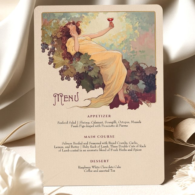 Invitación Tema del vino Art Nouveau Boda Menú de cena Floral (Subido por el creador)
