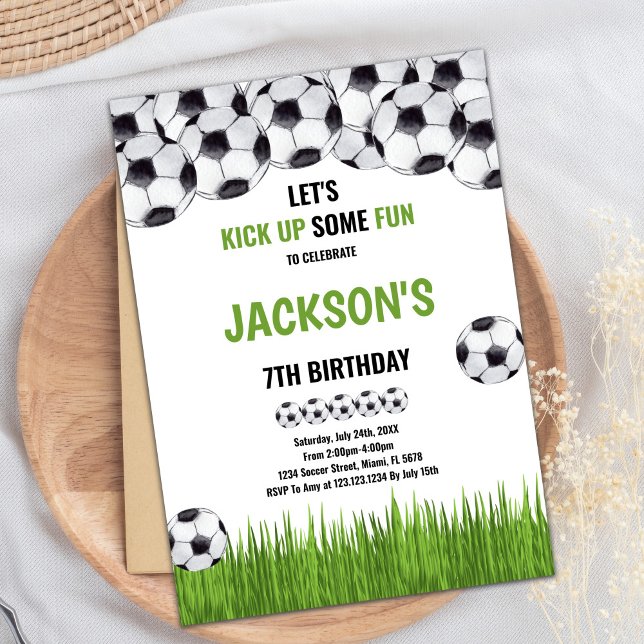 Invitación Tema deportivo clásico para Fiesta infantil (Green Ball Soccer Birthday Invitations)