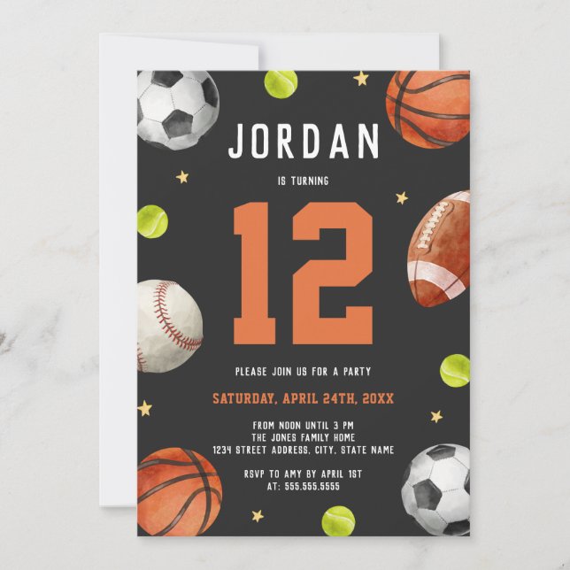 Invitación Tema Deportivo Cumpleaños Naranja Gris  (Anverso)