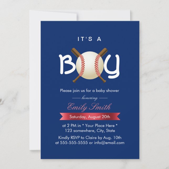 Invitación Tema deportivo de béisbol es un niño Baby Shower (Anverso)
