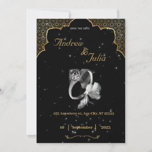 Invitación Tema dorado, negro, blanco oscuro de la noche Invi