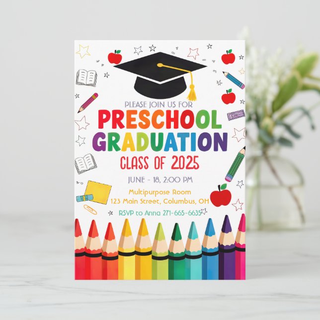 Invitación Tema editable del Crayon de Graduación Preescolar (Anverso de pie)