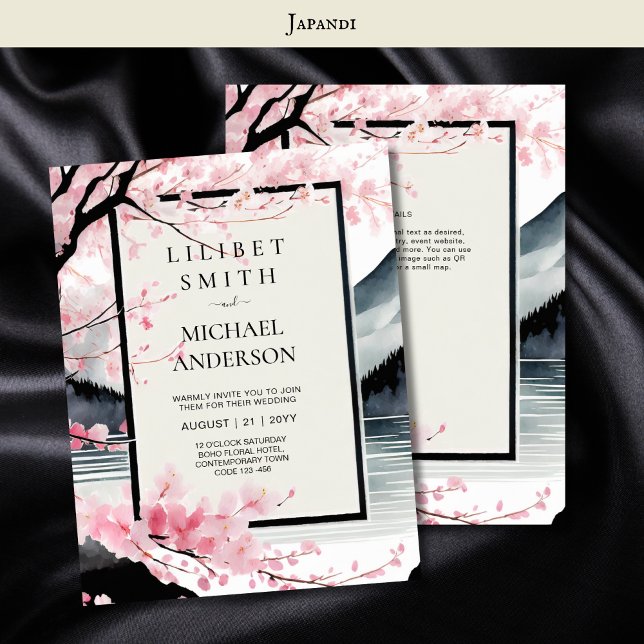 Invitación Tema escandinavo japonés Boda negro rosado (Subido por el creador)