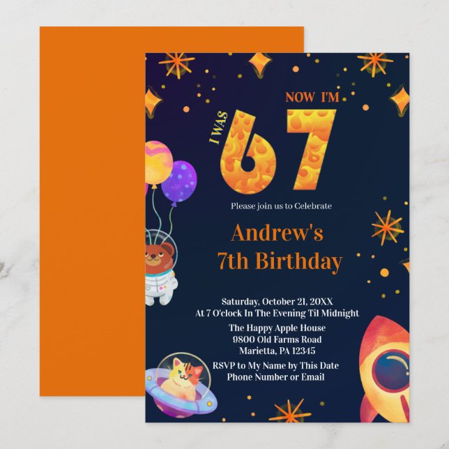 Invitación Tema Espacial Cumpleaños de Niño de 6 a 7 Años (Anverso / Reverso)