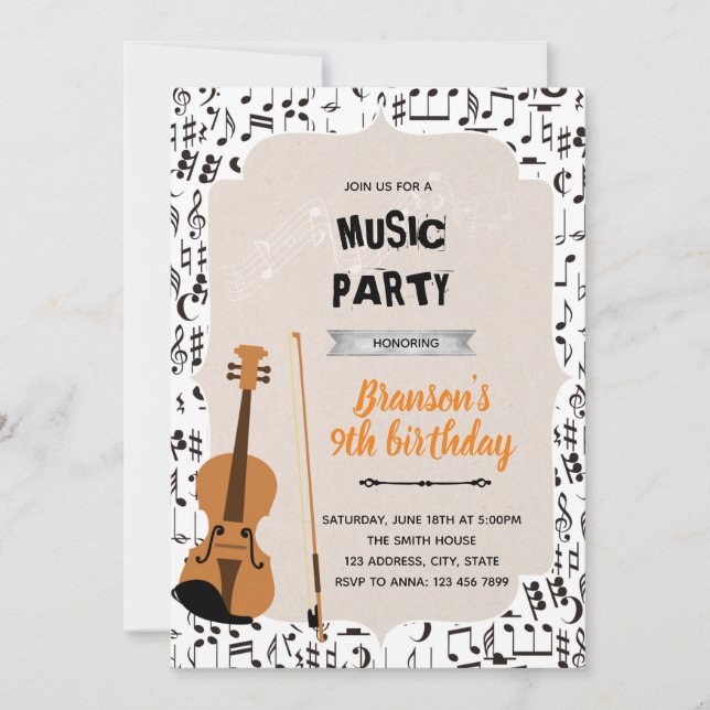 invitación tema fiesta cumpleaños violín música (Anverso)