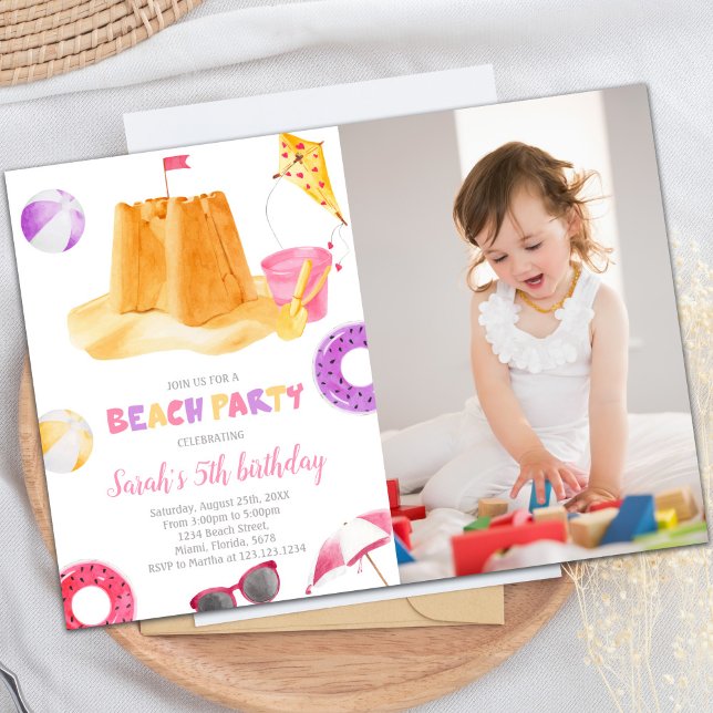 Invitación Tema Fiesta de verano tropical para niños (Beach Birthday Invitations with photo)