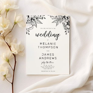 Invitación Tema floral de boda simple en blanco y negro