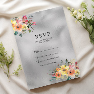 Invitación Tema floral de menta naranja rosa plateado RSVP