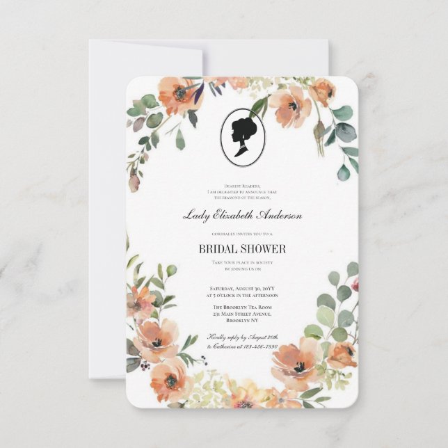 Invitación Tema floral rosa de Bridgerton, té de novia Regenc (Anverso)