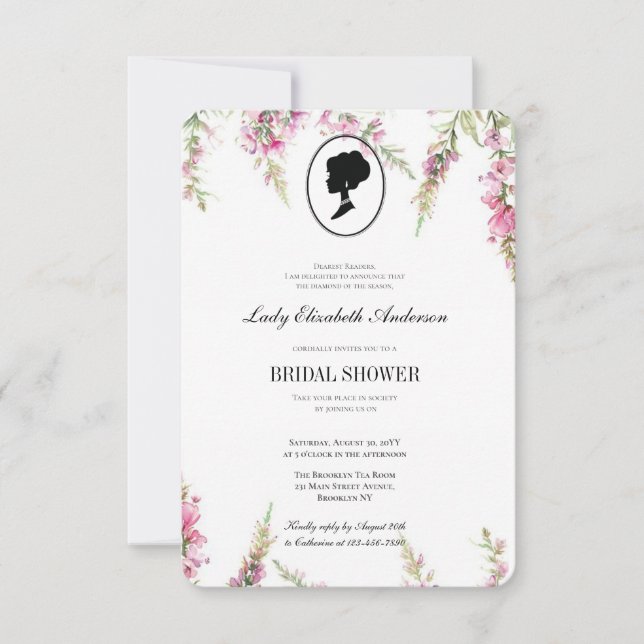 Invitación Tema floral rosa de Bridgerton, té de regalo Regen (Anverso)