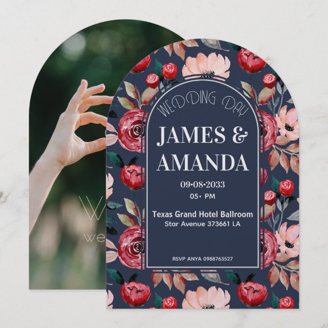 Invitación tema floral rosa y azul elegante (Anverso / Reverso)