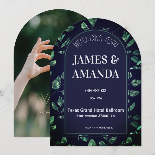 Invitación tema floral verde y azul elegante (Anverso / Reverso)