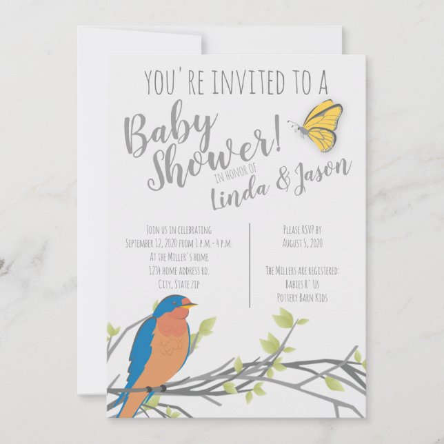 Invitación Tema forestal Baby Shower con Bluebird y Foliage (Anverso)