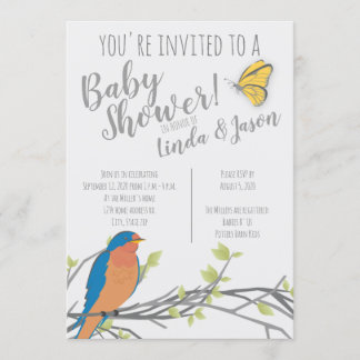 Invitación Tema forestal Baby Shower con Bluebird y Foliage