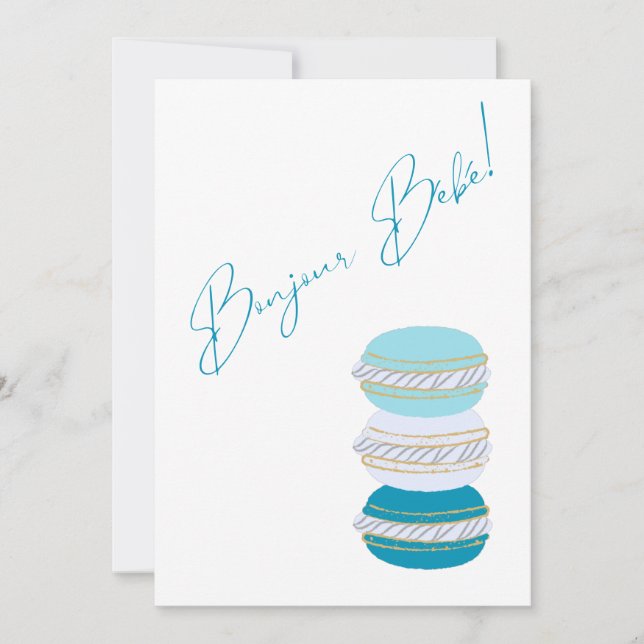 Invitación Tema francés Macarons Blue Boy Baby Shower (Anverso)