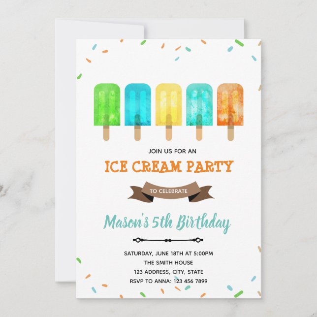 Invitación tema helado de paleta de niño (Anverso)