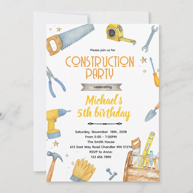 invitación tema Herramientas de Construcción (Anverso)