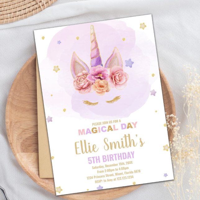Invitación Tema mágico de Fiesta de espuma para Chicas (Purple Glitter Unicorn Birthday Invitations)