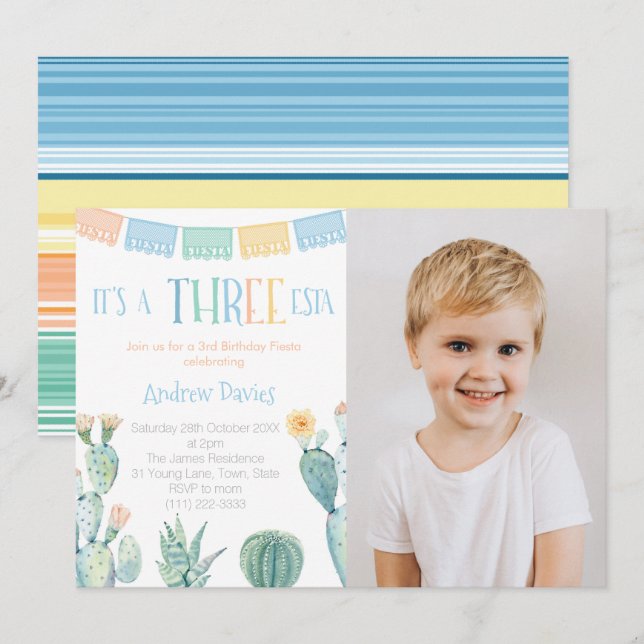 Invitación Tema mexicano 3 Fiesta de cumpleaños 3-esta Foto (Anverso / Reverso)