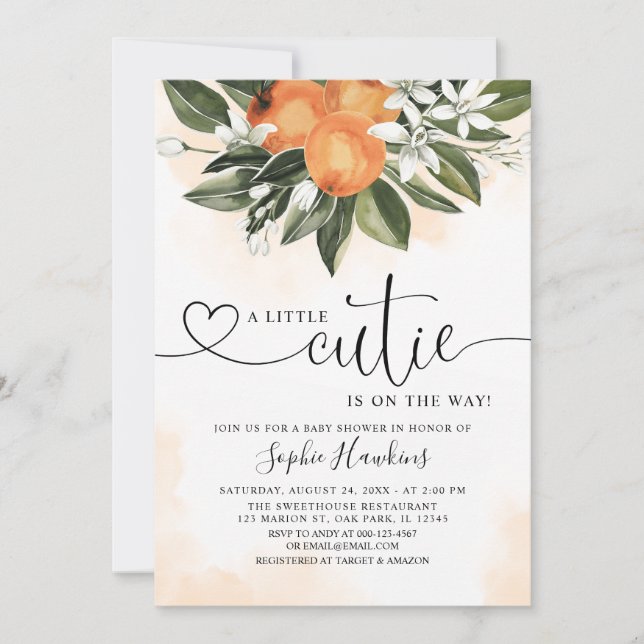 Invitación Tema naranja Una pequeña ducha de bebé (Anverso)