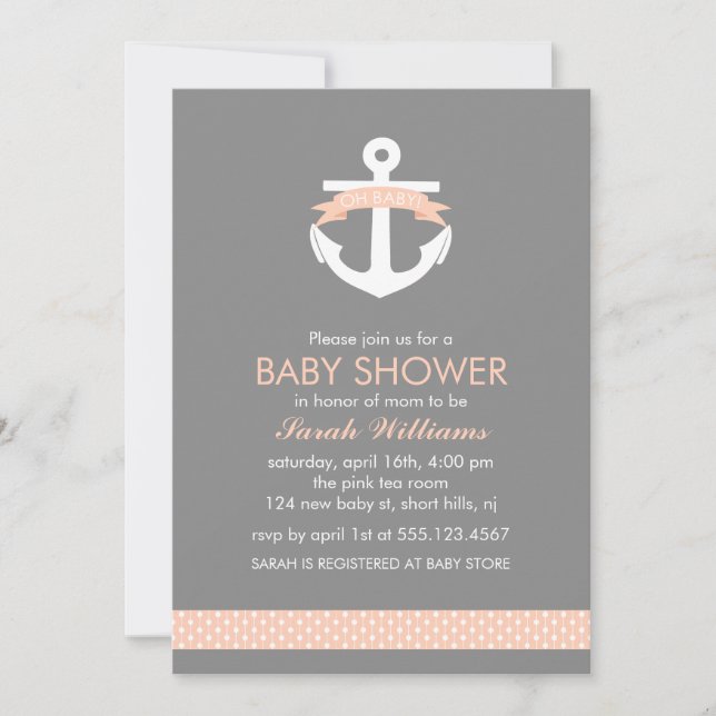 Invitación Tema náutico Baby Shower del ancla coralina linda (Anverso)