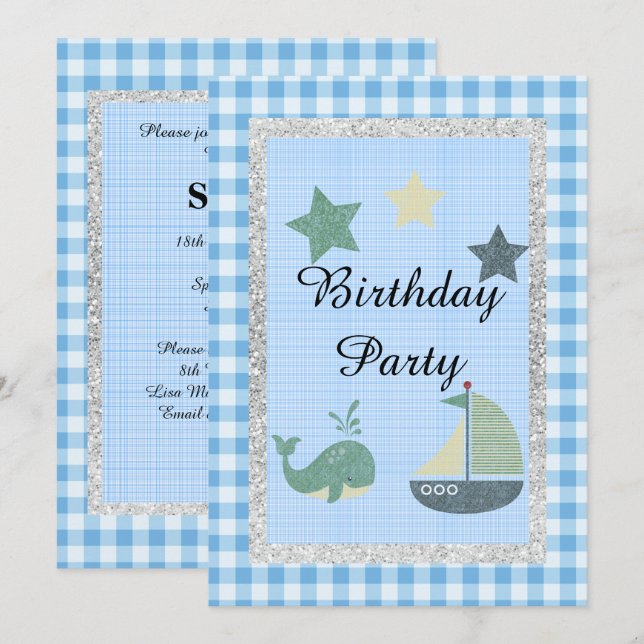 Invitación Tema náutico Blue White Check fiesta de cumpleaños (Anverso / Reverso)