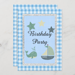 Invitación Tema náutico Blue White Check fiesta de cumpleaños