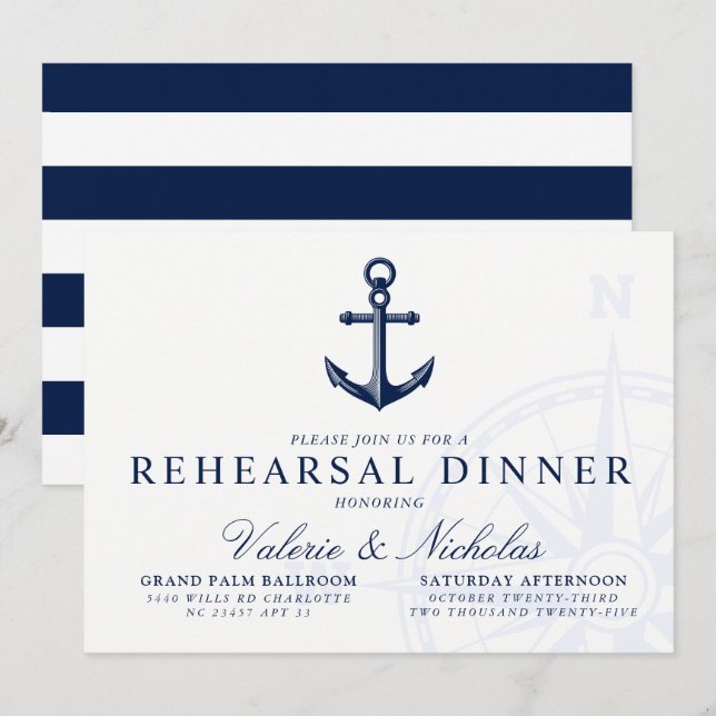 Invitación Tema Náutico | Cena de ensayo de Anchor de época (Anverso / Reverso)