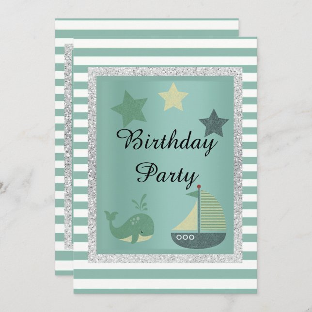 Invitación Tema náutico Sage Green Birday Party (Anverso / Reverso)