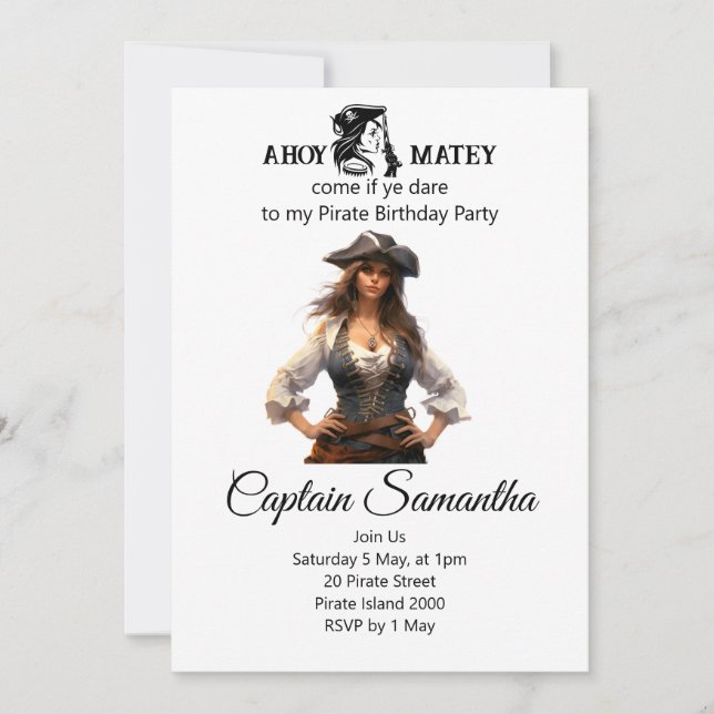 Invitación tema Niña Pirata de Cumpleaños (Anverso)