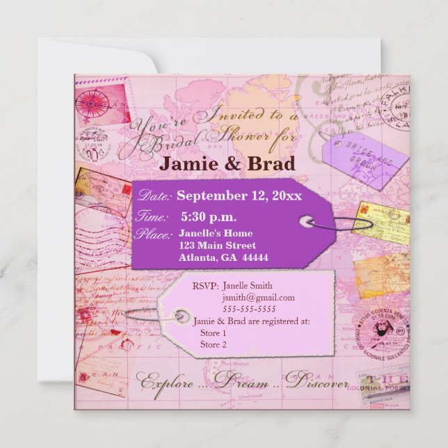 Invitación Tema nupcial de la ducha del viaje en rosa y (Anverso)