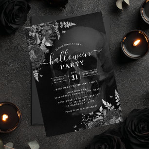 Invitación Tema Oscuro Cráneo Floral Fiesta de Halloween