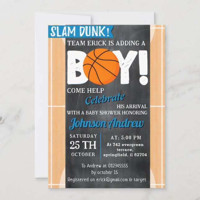 Invitación Tema personal del baloncesto Baby Shower Slam Dunk (Anverso)