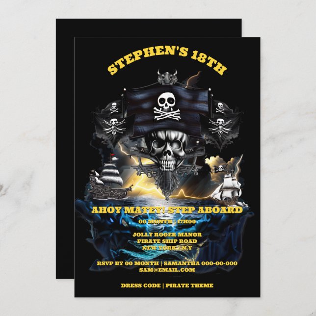Invitación Tema pirata jolly roger ahoy matey skull fiesta (Anverso / Reverso)