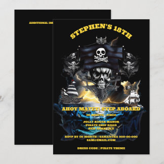 Invitación Tema pirata jolly roger ahoy matey skull fiesta