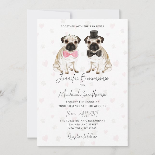 Invitación tema pug pata corazón perro boda (Anverso)