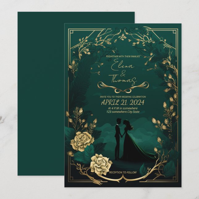 Invitación Tema romántico en detalles del verde esmeralda y e (Anverso / Reverso)
