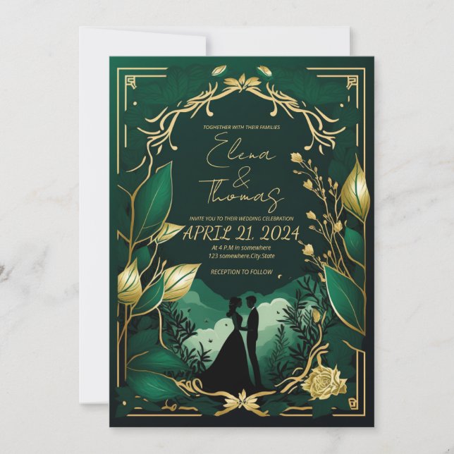Invitación Tema romántico en verde y oro. (Anverso)