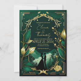 Invitación Tema romántico en verde y oro.