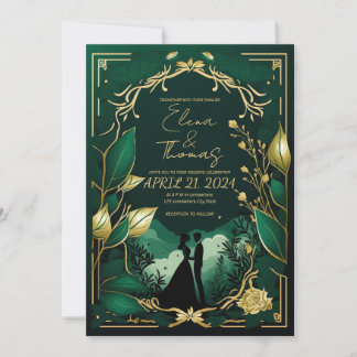 Invitación Tema romántico en verde y oro.