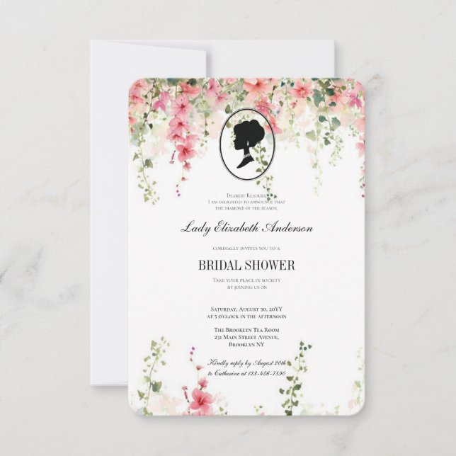 Invitación Tema rosa floral de Bridgerton, té de regencia par (Anverso)