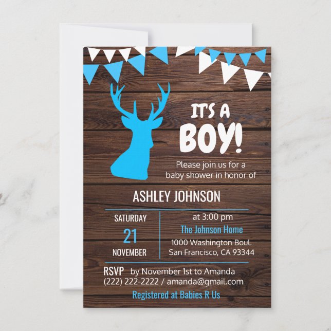 Invitación Tema Rústico Buck Blue BOY Baby Shower Invitacione (Anverso)